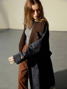 Aveloria Modichic Abrigo largo de mujer con cuello de solapa de color contrastante, decorado con corbata de tela de tweed, estilo francés - Multicolor - Ver 3