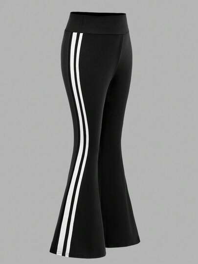 SHEIN Girlism Tween Girls' High Waist Skinny Stretchy Casual Yoga Pants With Pockets, Versatile Flare Leg Trousers For Everyday Wear Bell Bottom Pants Tween Girls 8 12yrs Black And White Wide Leg Pants Pants Flare Leg Flared Pants Flared Leggings Fall Winter