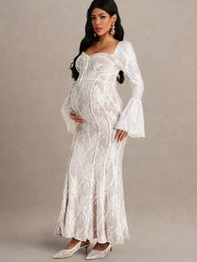 MaterniChic Autumn And Winter  Maternity Floral Lace Sweetheart Neck Flare Sleeve Fitted Mermaid Hem Elegant Dress - Dusty Pink - View 1