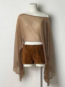Bitrose Atasan Crop Top Seksi Vintage Transparan Lembut dengan Leher Perahu untuk Wanita - Coklat - View 2