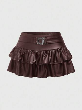 Falda de mujer de unicolor con diseño de hebilla en la cintura y dobladillo con volantes de doble capa, de moda