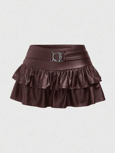 Jupe à la mode pour femmes avec double couche de volants à l'ourlet, boucle à la taille