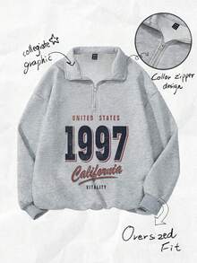 Attitoon Plus Size Women Loose Half Zip High Neck Fleece Sweatshirt, Suitable For Autumn/Winter, Vintage, American Casual, 1997 Print, Fall Sweatshirt Grey Sweatshirt 1997 Sweatshirt