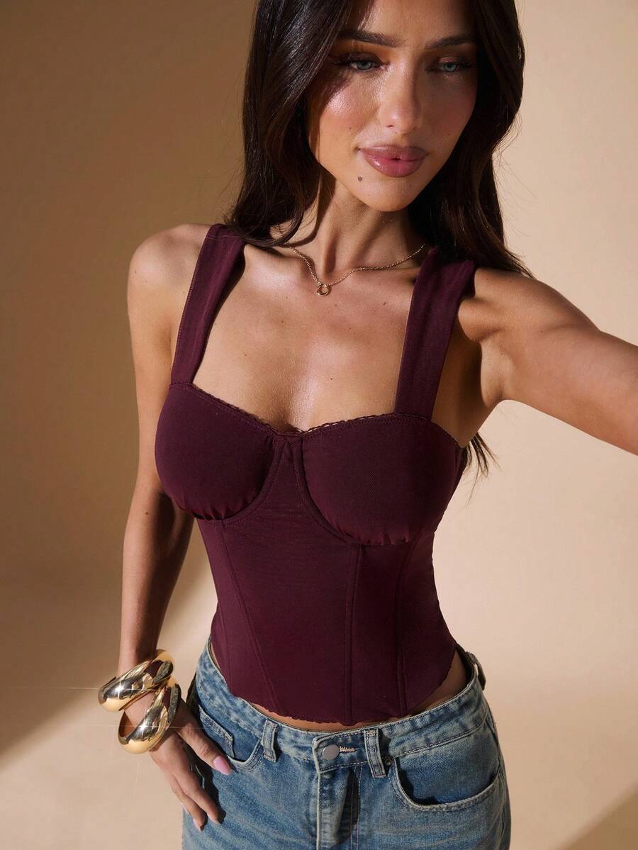 SHEIN BAE Áo dệt kim lưới đơn giản màu đỏ rượu vang dành cho nữ mùa thu, quần áo mùa đông cho nữ, trang phục Halloween cho nữ, quần áo Giáng sinh cho nữ, áo gợi cảm, áo corset đỏ, áo corset màu đỏ rượu vang. - màu nâu - Xem 1