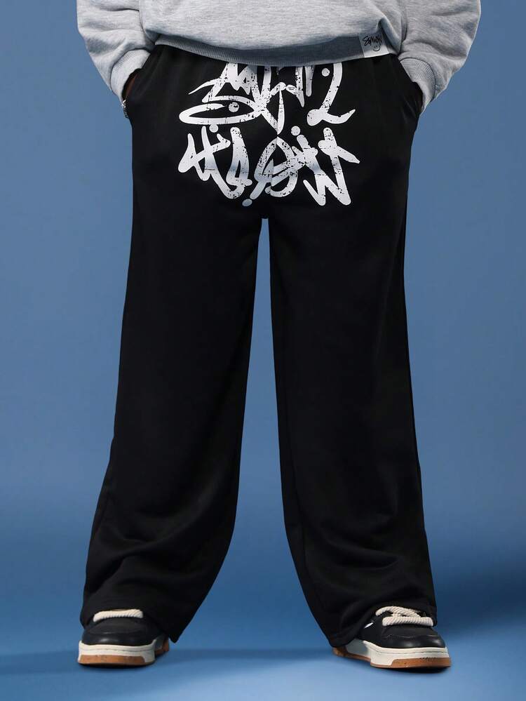 Wide Leg Black Sweatpants With Graffiti Print