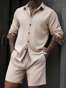 Manfinity Homme 男士夏季花卉拼布袖口单排扣衬衫和短裤休闲西装，秋季服装 - 米色 - 查看 4