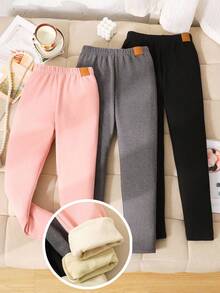 SHEIN 3 件 Tween 女童百搭休闲保暖内衬罗纹仿皮贴片字母打底裤套装，黑色/灰色/粉色，舒适基本百搭打底裤 3 件套 - 彩色 - 查看 1