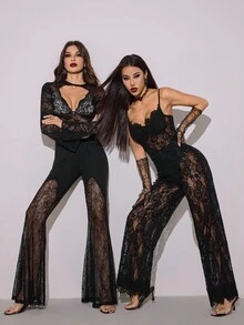 SHEIN PETITE 纯黑色性感透明蕾丝连体裤，优雅女士内衣，日常约会装，外出装，派对装，不对称阔腿连体裤，情人节连体裤，休闲连体裤，优雅连体裤 - 黑色 - 查看 10