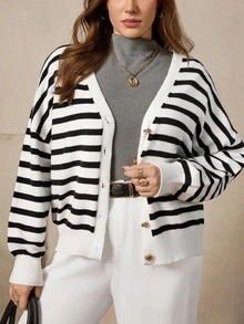 Zelara 大码纽扣落肩开衫、休闲条纹开衫、商务休闲女装、度假装、乡村风格上衣优雅女士开衫休闲日常装、通勤简约办公室复古开衫、日常通勤和户外必备品、海军风女士秋季服装女士冬季服装通勤、极简主义 - 黑與白 - 查看 5