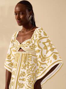 CAJUNI Women's Boho Vintage Black Printed Hollow-Out Loose Long Sleeve Maxi Dress, Vacation - Yellow - View 5