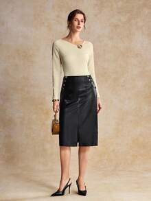 House of One Textured Knit Asymmetrical Neckline Fitted Top With Metal Flower Deco Women Autumn Elegant Wear