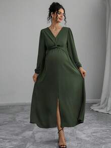 Momance Maternity Solid Color V-Neck Long Lantern Sleeve Twist Knot Midi Dress Spring Photoshoot Maternity Fall - Army Green - View 6