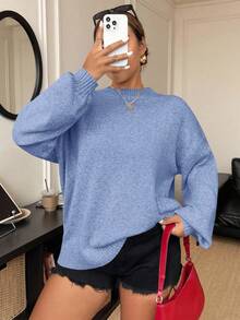 Elenzga Plus Size Women Casual Loose Fit Crew Neck Long Sleeve Pullover Sweater, Flattering, Autumn/Winter Fall - Blue - View 8