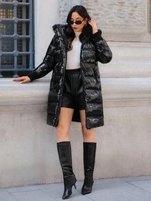 EURMUSE Special Shiny Fabric Puffer Long Jacket