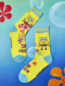SpongeBob SquarePants | SHEIN 4 双可爱卡通女士柔软透气吸湿排汗中筒袜时尚休闲中筒袜加固脚趾和脚跟耐用四季百搭夏季冬季，Patrick，Squidward，Sandy - 彩色 - 查看 6