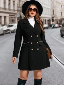 SHEIN Clasi Plus Size Elegant Vintage Lapel Waist Flared Dress Coat With Zipper Pockets, Elegant Black Double-Breasted Coat With Metal Buttons And Zipper Pockets, Waist-Cinched Jacket Dress, Chic Black Overcoat And Trench Style Jacket, Versatile Outerwear For Daily Wear, Office, Travel, Date Nights, And Party Looks, Must-Have Fall Winter Fashion, Anti-Theft Pocket Black Jacket Autumn - Black - View 5