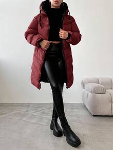EURMUSE Women's Casual Zip Up Hooded Coat, Versatile For Winter - Burgundy - View 3
