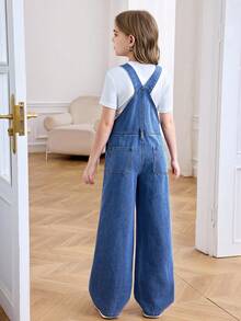 SHEIN Tween女孩Y2K時尚休閒拼接細節設計基礎簡約舒適柔軟假期牛仔吊帶褲 女孩日常穿著夏季款 - 深色水洗藍 - 查看 2
