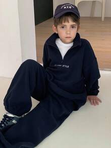 DAZY 青少年男孩半拉链插肩长袖宽松休闲运动衫套装 - 藏蓝色 - 查看 8