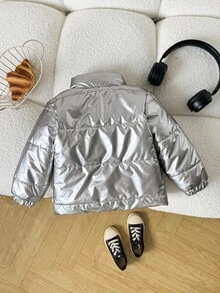 SHEIN 婴幼儿男女通用 0-3 岁休闲街头时尚厚立领夹克，金属银色外套，秋冬 - 銀色 - 查看 2