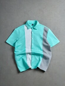 Manfinity CasualCool 男士休闲宽松纽扣拼色短袖衬衫 - 薄荷綠 - 查看 3