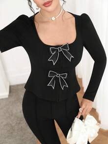 Modelyn Elegant Bowknot Collar Puff Sleeve Blouse For Women