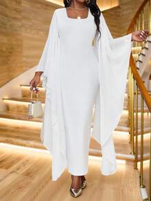 SHEIN Lady 大码女式纯色方领喇叭袖修身优雅连衣裙