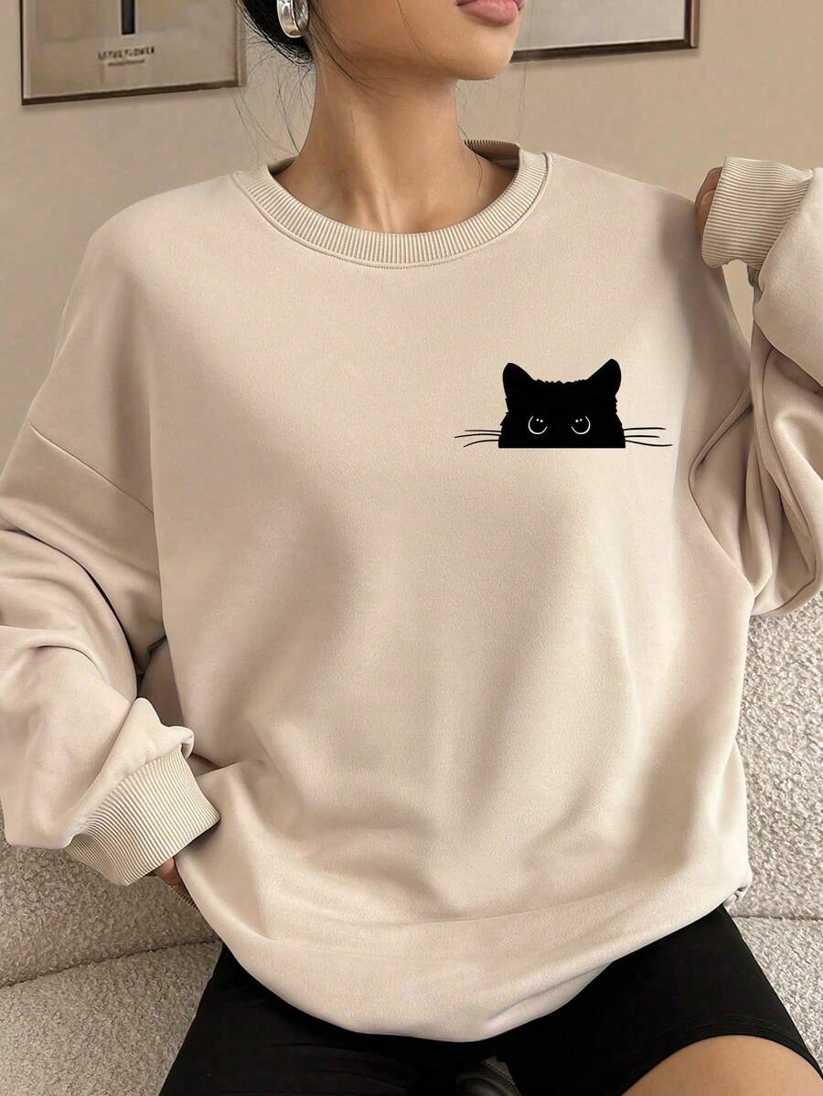 SHEIN EZwear Black Cat Peeking Cute Graphic Print Casual Loose Fit Crew Neck Long Sleeve Thick Sweatshirt For Women, Autumn/Winter - Apricot - View 1