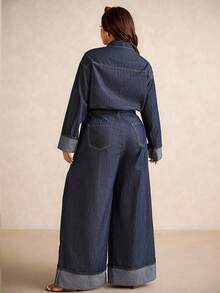 Elaquor Plus Size Dark Blue Denim Jumpsuit, Long-Sleeved Shirt, Straight Pants With Folded Hems, Casual Autumn Wear For Going Out Plus Size Denim Outfits For Women