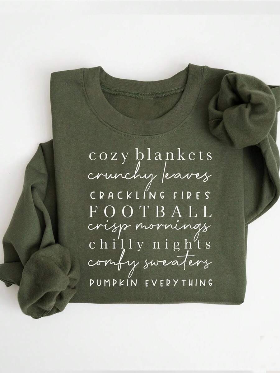 INAWLY Áo nỉ dài tay cổ tròn dáng rộng in họa tiết, kiểu dáng thường ngày, dành cho nữ. - màu xanh lá - Xem 1