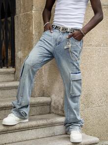 ROMWE MEN Street Life Herren Jeans mit funkelnden Diamant-Applikationen und mehreren Lagen - Blau - Übersicht 3