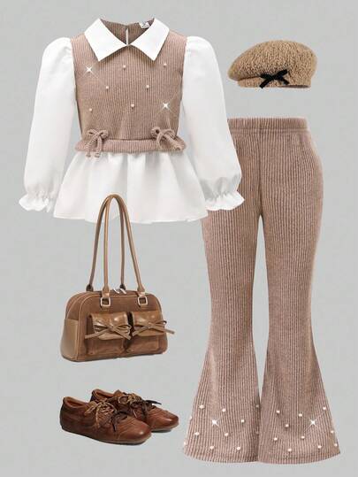 女童休闲衬衫套装，卡其色蝴蝶结设计，串珠针织罗纹面料，白色长袖荷叶边下摆衬衫上衣搭配卡其色珍珠喇叭裤，两件套，适合返校季，休闲、时尚、甜美、舒适的装扮