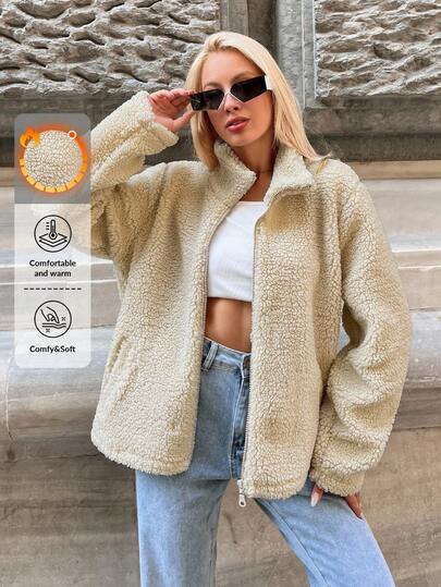 EURMUSE Zip Up Drop Shoulder Teddy Coat,Ladies Spring/Fall Casual Pocket,Zipper Drop Shoulder Funnel Neck Regular Fit Beige Plain Women Coats,Casual Daily Wear