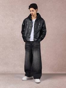 SUMWON Crop Fit Premium Faux Leather Jacket With Hood Classic Trucker Style Winter Fall Outerwear Casual Streetwear Motorcycle Fashion Urban Zip Up - Black - View 3