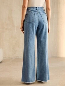 Anewsta 时尚钻石缀饰女式蓝色直筒牛仔裤 - 藍色 - 查看 2