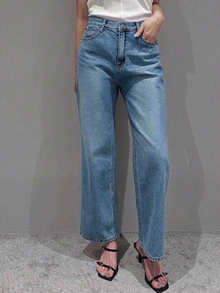 Light Wash Blue Slim Straight Ankle Length Jeans, All Season