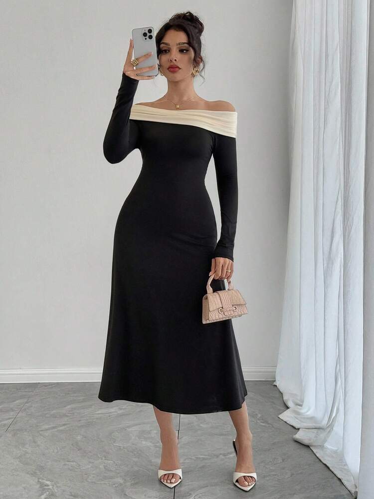 Women's Color Block Off-Shoulder Long Sleeve Fitted Long Casual Elegant Dress