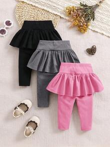 3 件套 Babygirl 可爱百搭针织弹力纯色荷叶边腰裤，秋冬 - 彩色 - 查看 2
