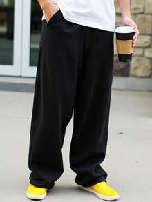 SHEIN 青少年男孩简约宽松黑色运动裤，休闲、舒适、时尚、百搭、面料柔软，适合日常穿着、上学、郊游、户外活动、秋冬季 - 黑色 - 查看 5