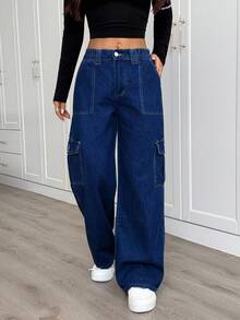 SHEIN PETITE Casual Washed Straight Leg Denim Jeans - Dark Wash - View 6
