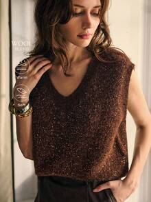 MOTF PREMIUM Maglione a contrasto con paillettes, gilet a maglia, pullover lavorato a maglia per l'autunno e l'inverno - Castano - Visualizzare 2