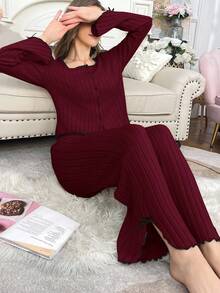 Women's Casual Fleece Long Sleeve Top And Pants Pajama Set, Autumn/Winter Women Two Pieces Sleepwear Burgundy Pajama Set Ribbed Pajama Set Women Lounge Wear Sets Two Pieces Pajama Set Two Pieces Sleepwear Set Sleep Wear Women 2 Pieces Set Pajamas Set Two Pieces, Cozy Outfit, Fall Clothes