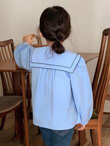 DAZY 年轻女孩拼色泡泡袖宽松休闲衬衫 - 藍色 - 查看 6