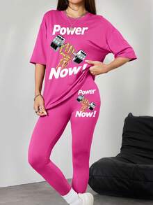 Gameset SHEIN Sport 时尚字母印花圆领 T 恤和长裤运动服健身女士套装女式紧身裤套装健身套装 - 玫紅色 - 查看 5