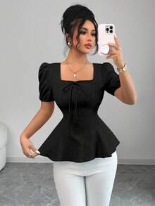 Elenzga 全新时尚百搭法式蝴蝶结灯笼袖优雅提花面料女式衬衫 - 黑色 - 查看 5