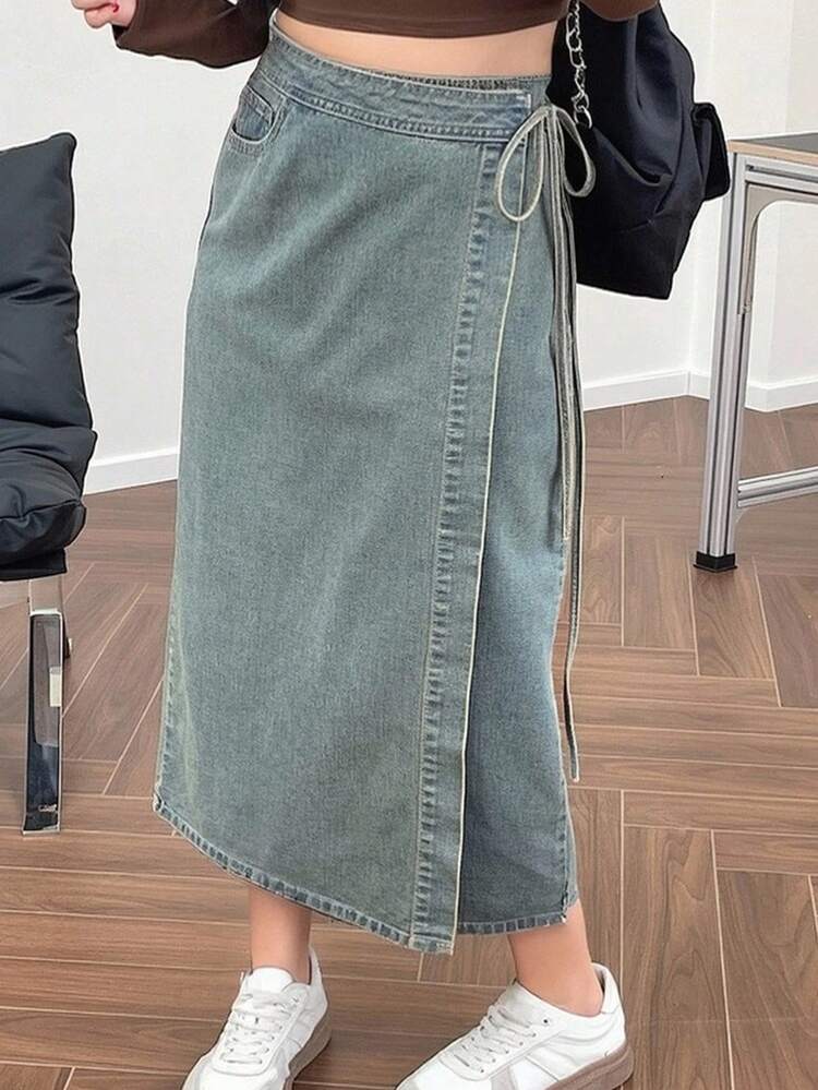 Dazy Plus Plus Size Washed Distressed Straight Tie-Up One-Piece Denim Skirt, All Season Fall/Winter