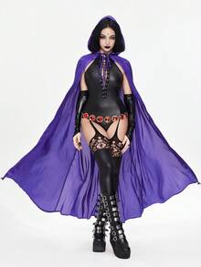 ROMWE Avant 2 piezas Disfraz de Halloween para Mujer - Mono con nudo delantero y capa con capucha morada - Multicolor - Ver 1