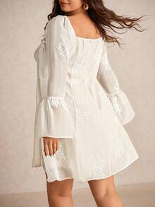 Elaquor Vestido de línea A con cuello de corazón y mangas farol, elegante y de talla grande, vestido para invitados de boda para mujeres - Albaricoque - Ver 2