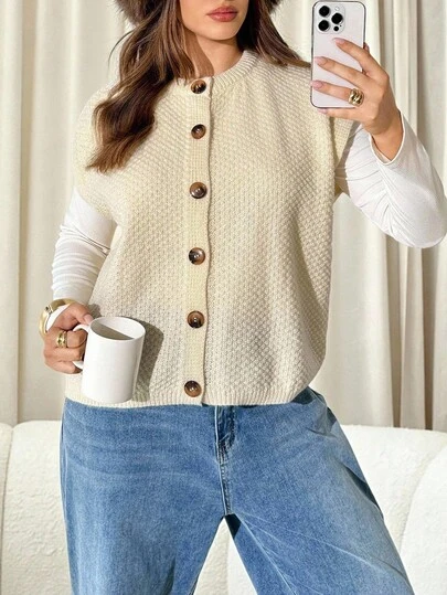 Auralis Plus Size Solid Color Front Button Casual Versatile Short Sleeve Cardigan In Fall/Winter