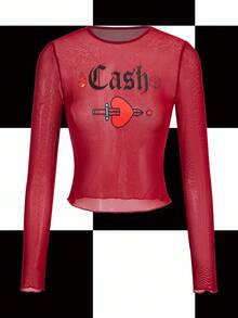 Shutterstock Y2Kool Women's Mesh Semi-Sheer Letter & Heart Print Sexy Long Sleeve T-Shirt, Burgundy, Suitable For Party, Nightclub, Y2K Campus Style, Autumn/Winter Mesh Crop Top See Through Top Red Mesh Long Sleeve Top Red Mesh Top Mesh Top Long Sleeve Casual Stylish Clothing Collection New Year Outfits - Burgundy - View 1